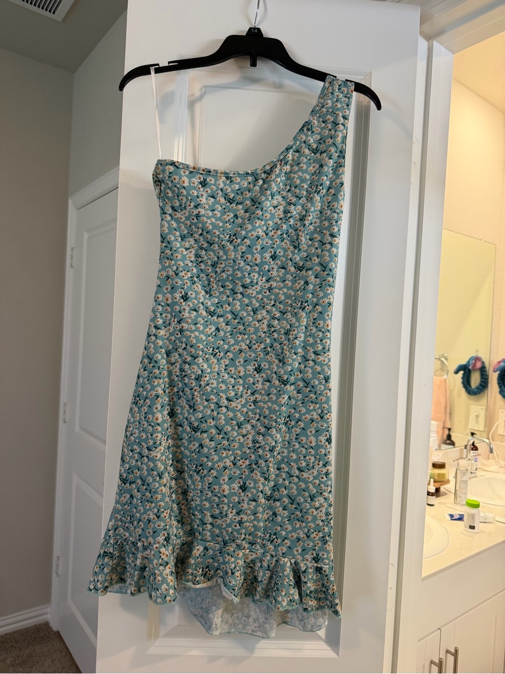 SHEIN Teal One-Shoulder Floral Ruffle Dress